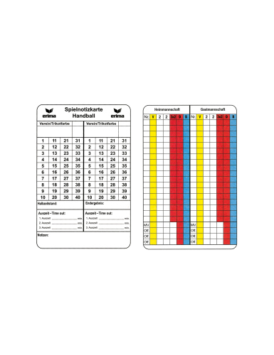 ERIMA - Spielnotizkarten Handball, Schiedsrichterzubeh�r